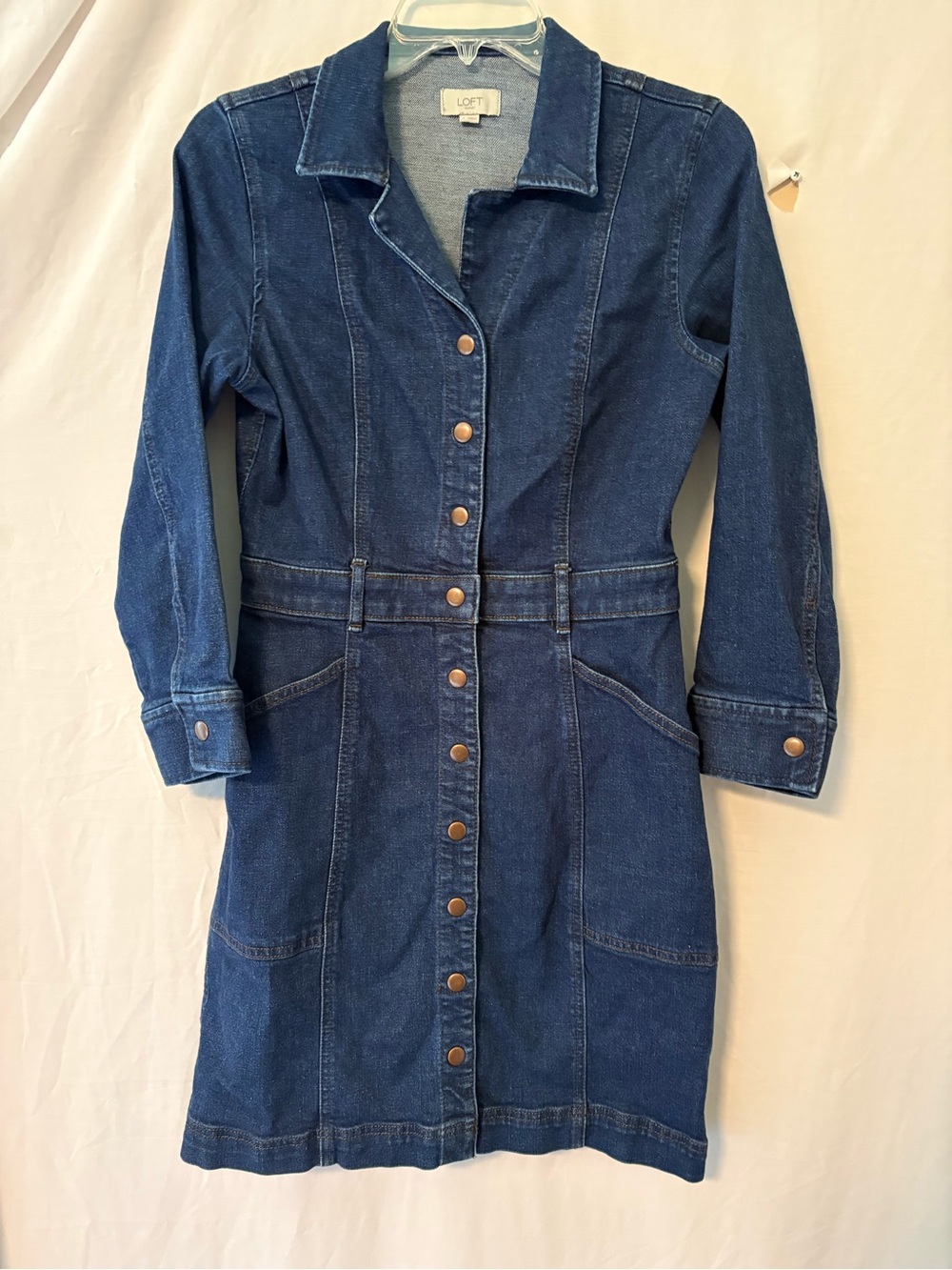LOFT Indigo Denim Snap-Front Long Sleeve Dress